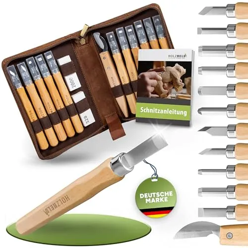 HOLZHELD Schnitzwerkzeug -Set (16-teilig) in hochwertig verarb. Ledertasche. Schnitzset mit hochwertigen Schnitzmessern zum Schnitzen inkl. Anleitung
