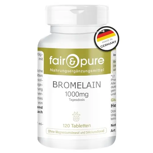 Fair & Pure Bromelain 1000mg pro Tagesdosis, 120 Tabletten, hochdosiertes Ananasenzym, Nahrungsergänzungsmittel vegan ohne Magnesiumstearat, in Deutschland hergestellt