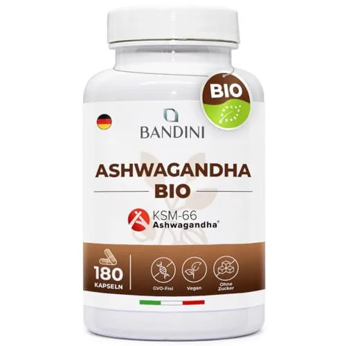 Bandini® Bio Ashwagandha KSM-66® - 180 Kapseln - 6 Monate Vorrat - Hochdosiert mit 500mg je Kapsel – Hochwertige indische Schlafbeere - Bio-Ashwagandha aus Withania Somnifera Pulver – Vegan