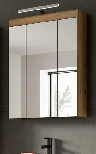 Inn.Furn Spiegelschrank Shawn in Eiche 60 cm - Der 3-türige Spiegelschrank Shawn bietet mit 9 Fächern viel Platz für Ihre Badutensilien. Mit einem modernen Design und pflegeleichten Oberflächen ist er die ideale Lösung für jedes Badezimmer.