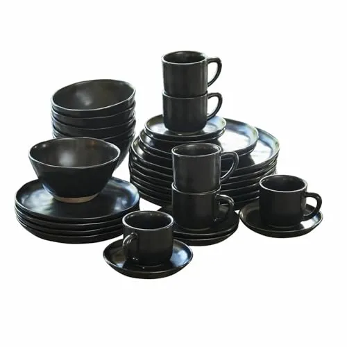 LOBERON Geschirr Set Biarré 30 Teile - Handgetöpferte Optik in Schwarz - Tafelservice für 6 Personen: Jedes Stück mit einzigartiger, handgemachter Anmutung. Pflegeleicht und spülmaschinenfest – perfekt für den täglichen Gebrauch oder besondere Anlässe.