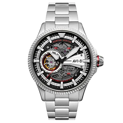 AVI-8 Men's Hawker Hunter Avon Automatic Red Devils with Silver-Tone Solid Stainless Steel Bracelet Watch 44mm - AV-4078-22