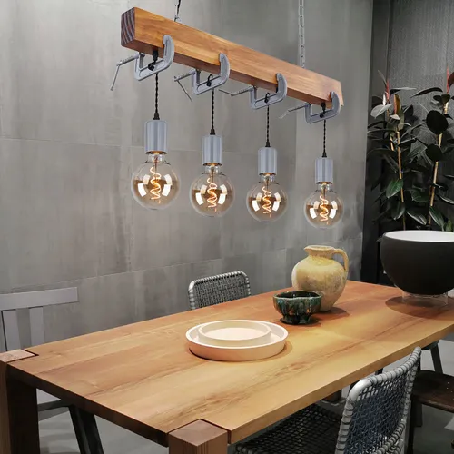 Hängeleuchte Holz 4-flammig Retro Deckenleuchte - Lampen für den Industrie-Stil, mit eleganter Holz- und Metallverzinkung. Individuell gestaltbar mit E27 Leuchtmitteln, ideal für eine gemütliche Atmosphäre am Esstisch.