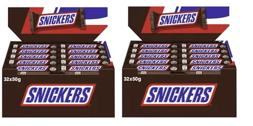 SNICKERS Riegel 2x 32x50g - Schokoladengenuss mit Erdnüssen - Zartschmelzende Milchschokolade umhüllt eine köstliche Füllung aus Candy-Creme, Karamell und gerösteten Erdnüssen. Ideal für den kleinen Snack zwischendurch.