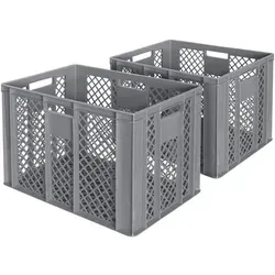 2x Eurobehälter/Bäckerkiste, LxBxH 600 x 400 x 410 mm, lebensmittelecht, Boden und Wände durchbrochen, grau