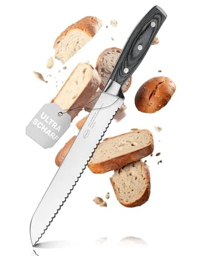 RÖSLE Brotmesser WOLFGREY 22 cm – Scharfes Wellenschliff Küchenmesser - Brotmesser mit 22 cm Wellenschliff-Klinge für mühelose Schnitte durch harte Krusten und weiche Kerne. Ergonomischer Pakkaholzgriff für sicheren Halt – ideal für Profis und Hobbyköche.