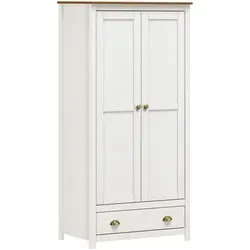Möbilia Kleiderschrank | 2 Türen, 1 Schublade | Kiefer massiv - Kleiderschrank aus massivem Kiefernholz, weiß lackiert mit brauner Deckplatte. Bietet viel Stauraum für Kleidung und Accessoires, ideal für jedes Schlafzimmer.