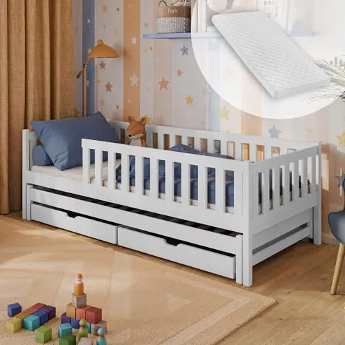 Multifunktionales Kinderbett 90x200 mit Ausziehbett und Schubladen - Dieses praktische Kinderbett bietet ein Ausziehbett und zwei Schubladen für optimalen Stauraum. Ideal für kleine Räume, aus stabilem Kiefernholz gefertigt und in Weiß erhältlich. Perfekt für flexible Nutzung im Kinderzimmer.