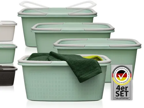 Hausfelder Wäschekorb Set 4 x 35 l Jadegrün - Praktisches Set von 4 robusten Wäschekörben mit 35 l Fassungsvermögen, klappbaren Henkeln und Griffmulden für einfachen Transport. Ideal für jedes Zuhause, wetterfest und platzsparend stapelbar.