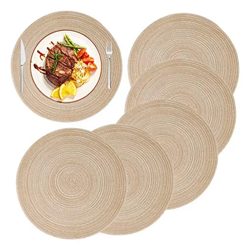 Runde Platzdeckchen Baumwolle Tischsets 14 inch Pflegeleicht Abwaschbar Geflochtene Platzsets für Küche Speisetisch, Party Dekor (6er Set)
