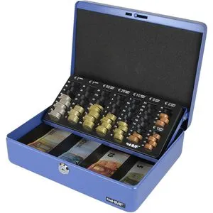 HMF Geldkassette 10015 05, blau mit Zylinderschloss - Praktische Geldkassette mit Zählbrett und 8 Münzfächern für schnelles Zählen. Sicheres Zylinderschloss und herausnehmbare Geldscheinfächer für flexiblen Stauraum.