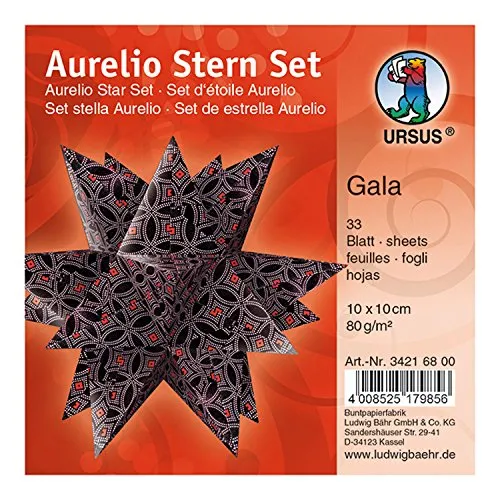 Ursus 34216800 - Faltblätter Aurelio Stern Gala, schwarz / rosa / rot, 33 Blatt, aus Papier 80 g/qm, ca. 10 x 10 cm, beidseitig bedruckt, ideal als Weihnachtsdeko