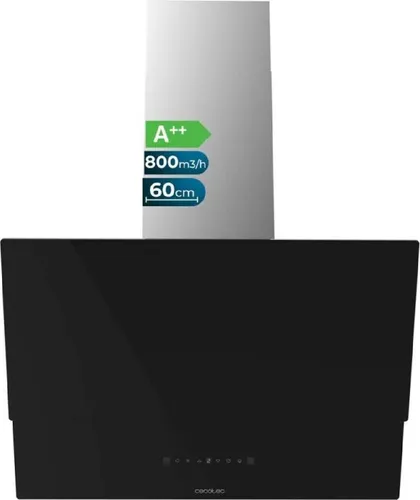 Cecotec Dunstabzugshaube Dekorativ 60 cm - Bolero Flux DT 608001 Glass Black A++, 210W, LED-Beleuchtung, Saugkraft 800 m³/h, Touch-Control, 3 Stufen, Kohlenstofffilter, Handbewegungssteuerung