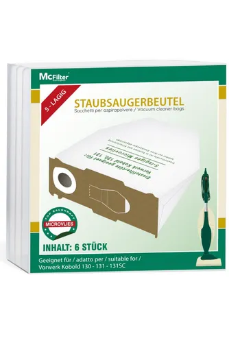 McFilter Staubsaugerbeutel Alternative zu Swirl V64 V 64, passend für Vorwerk Kobold VK 130, VK 131 SC, 6 St., mehrlagig, Pappdeckscheibe, inkl. Staubverschluss