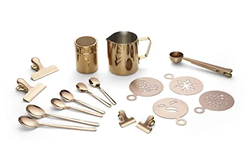 ECHTWERK Kaffeezubehör-Set, 23-tlg, Milchschaumkännchen 350 ml, Kakaostreuer, 4x Espresso-, 4x Cappuccino-, 4x Latte Macchiato-Löffel, 4x Kaffeeclips, EW-BA-3502K, Kupfer-edition