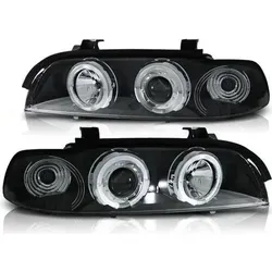 LED Angel Eyes Scheinwerfer für BMW 5er E39 95-03 schwarz - Frontscheinwerfer mit markanten schwarzen Applikationen und moderner Xenon-Optik - Perfekte Lichtausbeute und Plug and Play Installation für optimale Sichtbarkeit und Sicherheit auf der Straße.