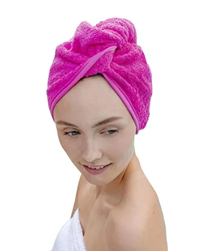 Carenesse Haarturban Baumwolle pink I Turban Handtuch mit Knopf & Schlaufe saugstark I Stabiles Haarhandtuch zur natürlich schonenden Haartrocknung OHNE Mikroplastik