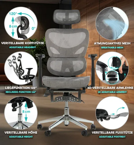 Sesto Senso Bürostuhl Ergonomisch Schreibtischstuhl mit Lendenwirbelstütze und klappbaren Armlehnen Chefsessel Verstellbarer Kopfstütze K-80 G Grau
