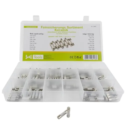 Produktbild SeKi 160 Teile Feinsicherung/Keramiksicherungen 5x20 Sortiment 160-teilig 16 Typen; 8 x Flink + 8 x Träge 0,5A, 1A, 1,6A, 2A, 3,15A, 5A, 6,3A und 10A Sicherung; Glasrohrsicherung; Keramik Sicherung