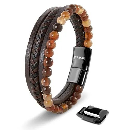 SERASAR Lederarmband Herren Braun - Elegantes Herrenarmband aus echtem Rindsleder mit Naturstein-Perlen, perfekt als Geschenk in einer stilvollen Schmuckschachtel. Ideal für besondere Anlässe!