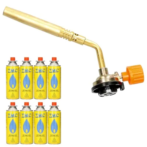 Z.M.C ALLZWECKBRENNER Gasbrenner 1,65 kW + 8x Gaskartuschen 227g, Lötbrenner bis zu 1371 °C, Schweißbrenner Bunsenbrenner mit einstellbarer Flamme, Abflammgerät Lötlampe ideal für Werkstatt