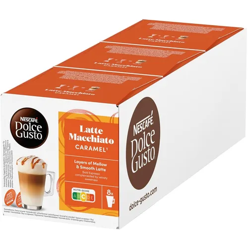 Nescafé DOLCE GUSTO Caramel Latte Macchiato Kapseln - Kaffee mit köstlichem Karamellgeschmack, perfekt für Dolce Gusto Maschinen. Genießen Sie cremigen Latte Macchiato in 3 x 16 Kapseln für einen süßen Genussmoment.