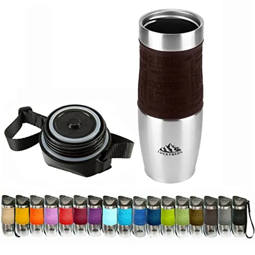 Luckyberg Vakuum-isolierter Reisebecher, Thermoskanne, einhändig offen zum Trinken, doppelwandig und auslaufsicher für heißes und kaltes Getränk (Braun, 480 ml)
