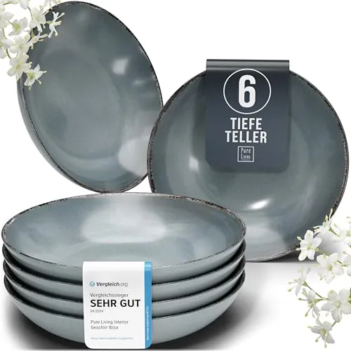 Steingut Suppenteller 6 Personen Rustic TESTSIEGER, Hochwertiges Landhaussttil Steingut Tiefe Teller Set, Pasta Teller Tief Groß