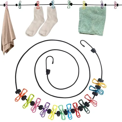 Dalephoric Wäscheleine Camping, Tragbare Wäscheleinen mit 12 Wäscheklammern, Wäscheleine Ausziehbar, Reisewäscheleine, Camping Zubehör, für Wohnheim, Garten, Reisen, Trocknen im Freien