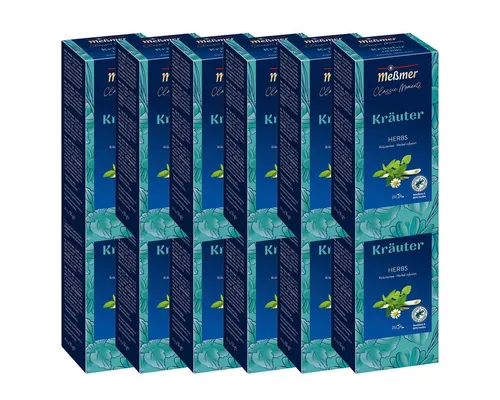 Meßmer Tee, 6 Kräuter Mischung - Aromatischer Kräutertee 12er Pack - Genießen Sie die wohlschmeckende 6 Kräuter Mischung von Meßmer in praktischem 12er Pack. Die harmonische Kombination aus erfrischender Pfefferminze und fruchtigen Hagebutten sorgt für ein einzigartiges Geschmackserlebnis.