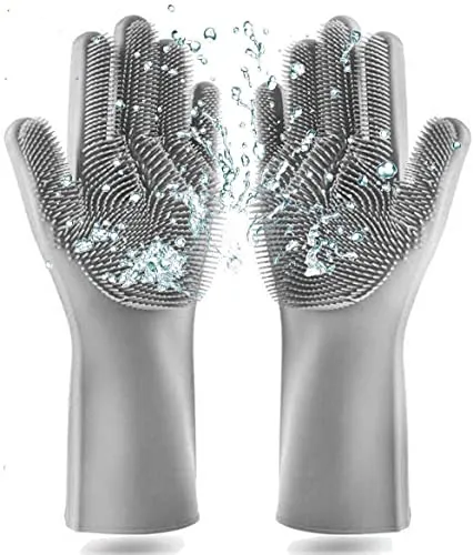 PREMIUM Geschirrspül Waschhandschuhe mit Noppen Oberfläche & feinen Bürsten zum Reinigen der Küchenutensilien I Silikon Reinigungshandschuhe Ideal zum Geschirr spülen & Putzen im Haushalt (Grau)