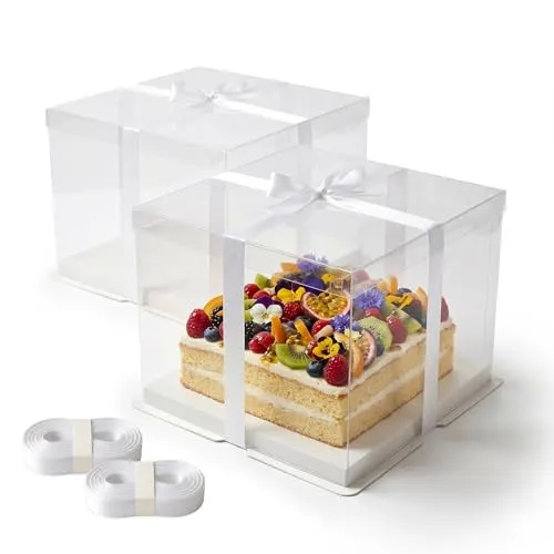 Relaxdays Tortenbox 2er Set, Deckel, Band & Sockel, transparent/weiß | HBT: 20x30x30 cm, Kuchenbox Hochzeit & Geschenk