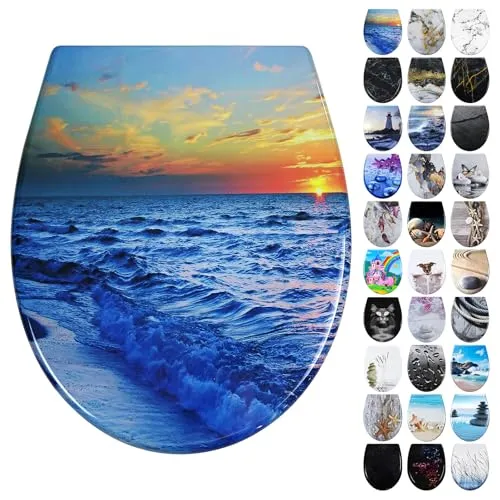 Fanmitrk Toilettendeckel Duroplast, WC Sitz mit Absenkautomatik, Klodeckel mit Schnellverschluss, Einfach zu Reinigen, Montage von oben, Toilettensitz mit Motiv, Klobrille in O Form (UF81902)