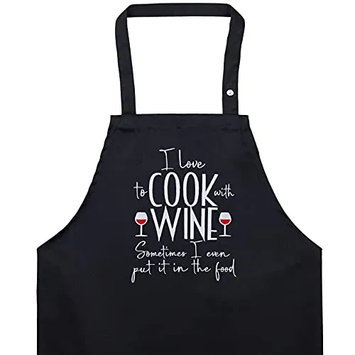 Kochschürze für Damen mit lustigem Spruch gestickt: I LOVE TO COOK WITH WINE Schürze verstellbar mit Tasche Grillschürze Frauen Latzschürze bestickt - Geburtstags-Geschenk Weinliebhaber