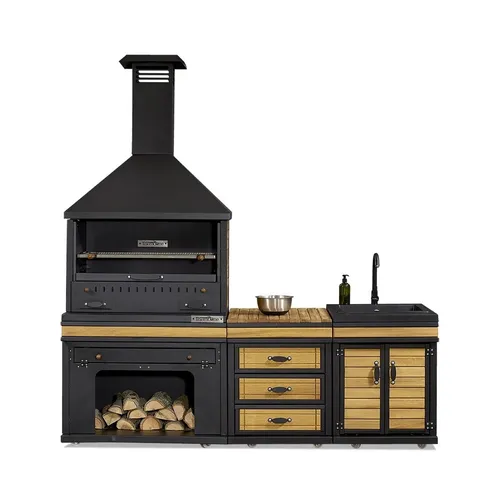 Perfekte Außenküche für entspannte Gartenpartys - Freistehende Außenküche mit Holz- und Edelstahlmaterialien für gesellige Grillabende. Maße: 222 x 72 x 181 cm, inklusive 2 Jahre Herstellergarantie.