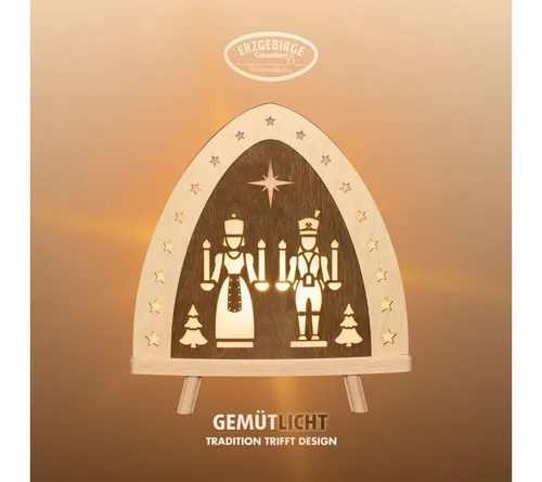 Weigla Standleuchte LED Engel + Bergmann - Erzgebirgische Holzkunst für Fensterdekoration, mit energiesparender LED-Beleuchtung und schaltbarer Anschlußschnur für stimmungsvolle Akzente.