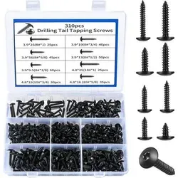 Blechschrauben Torx Flachkopf Selbstschneidend 310 M3 M4 Schwarz - Praktisches Set mit 310 selbstschneidenden Blechschrauben in neun Größen für vielseitige Anwendungen. Robuste Aufbewahrungsbox sorgt für Ordnung und schnelle Verfügbarkeit – ideal für Handwerk, Möbelmontage und Reparaturen.