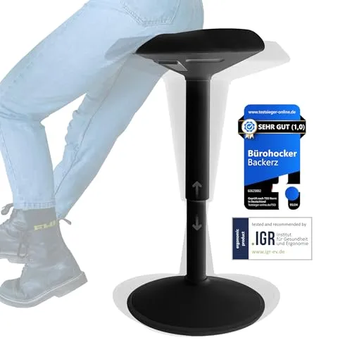 Backerz Ergonomischer Hocker - Bürohocker mit 55-80 cm Höhenverstellung - Verstärken Energie und Konzentration bei der Arbeit - Rutschfester Stehhocker mit Schwingeffekt - Mattschwarz