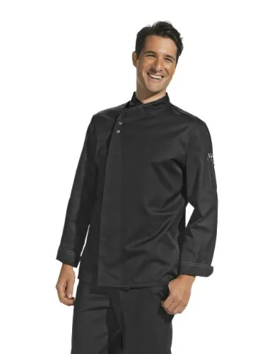 Kochjacke Schwarz Größe 50 mit Kontraststeppung - Berufsbekleidung Gastronomie, hochwertige Kochjacke aus 50% Baumwolle und 50% Polyester, ideal für professionelles Kochen mit stilvollem Design.