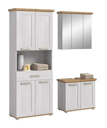 xonox.home Badkombination Verona Sibiu Lärche Nachbildung 159x187 cm - 3-teilige Badkombination (B/H/T: 159x187x34 cm) in eleganter Sibiu Lärche Nachbildung. Bietet optimalen Stauraum und fügt sich harmonisch in jedes Badezimmer ein. Pflegeleichte Oberflächen sorgen für einfache Reinigung und Langlebigkeit.