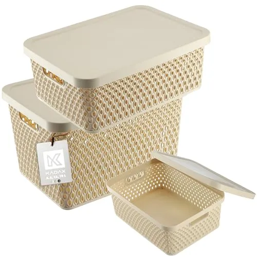 KADAX Aufbewahrungskorb, Korb mit Deckel, Aufbewahrungskiste, Aufbewahrungsbox aus Plastik, Moderner Regalkorb, Behälter mit Lüftungslöchern (3er SET: 4,5L,12L,18L, Beige)