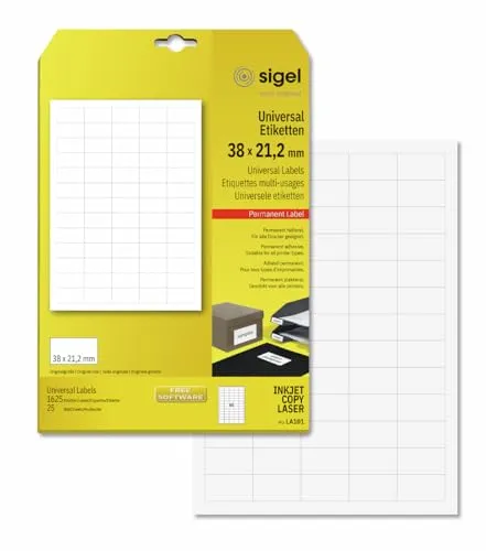 SIGEL LA101 Mini-Etiketten selbstklebend, bedruckbar, weiß, z.B. Preisauszeichnung, 38 x 21,2 mm, 1625 Etiketten= 25 Blatt