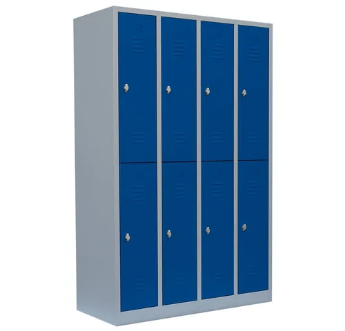 Lüllmann Spind 520241 - 4 Abteile mit Drehriegelschloss, blau - Robuster Spind aus Stahlblech mit 4 Abteilen und 8 Fächern. Ideal für Schulen oder Fitnessstudios, bietet Sicherheit und Ordnung mit einem Drehriegelschloss.