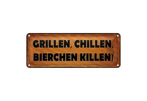 Roomando Metallschild Blechschild Spruch 27x10cm Grillen chillen Bierchen killen Dekoration