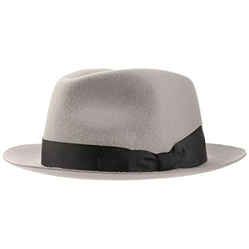 Lipodo Morten Filzhut Made in Italy Unifarbener Wollfilzhut mit Ripsband Herbst/Winter Fedora mit asymmetrischer Schleife Damen Herren hellgrau M (56-57 cm)