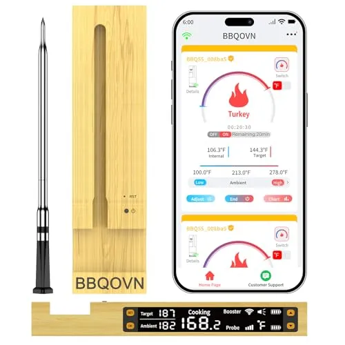 BBQOVN WLAN Bluetooth Fleischthermometer mit unbegrenzter Reichweite, 7 NIST-zertifizierte Sensoren & Umgebungstemperatur, kabelloses Grillthermometer für BBQ, Smoker, Ofen, Grill, Heißluftfritteuse