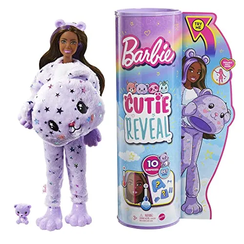 Barbie Cutie Reveal HJL57 – Puppe mit Teddy-Kostüm, 10 Überraschungen, Kinder