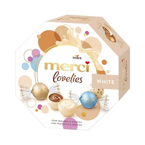 merci lovelies White – Pralinenmischung 185g - Sortimentpackungen für Pralinen mit zartschmelzenden Füllungen wie Cappuccino Crème und Stracciatella - ideal zum Verschenken und Teilen mit Freunden und Familie.