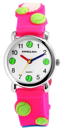 Excellanc Quarzuhr 4500040 Kinderarmbanduhr - Armbanduhren für Kinder mit hochwertigem Quarzuhrwerk und einem einzigartigen pinken Silikonarmband, verziert mit Tennisschlägern und Tennisbällen – ideal für kleine Sportfans!