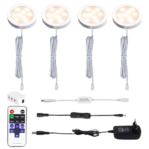 AIBOO LED Schrankleuchten 4er Komplettset, Unterbauleuchten Mit Fernbedienung, Küchenlampen Vitrinenbeleuchtung Warmweiß 2700K, Unterbauleuchte Set Inklusiv Alle Zubehör
